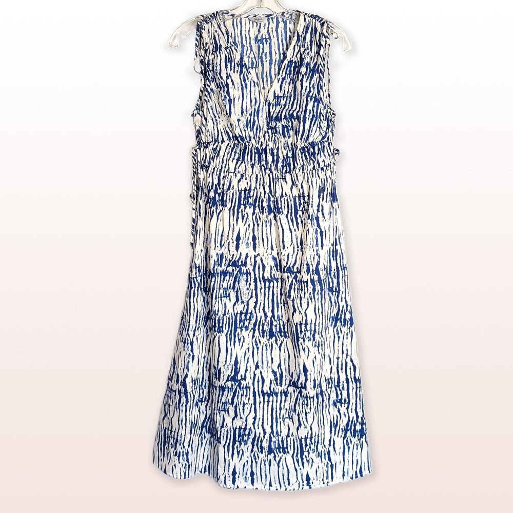 Rails Constantine Midi Dress Abstract Cobalt White V-Neck Ties Eco Fabric Size S